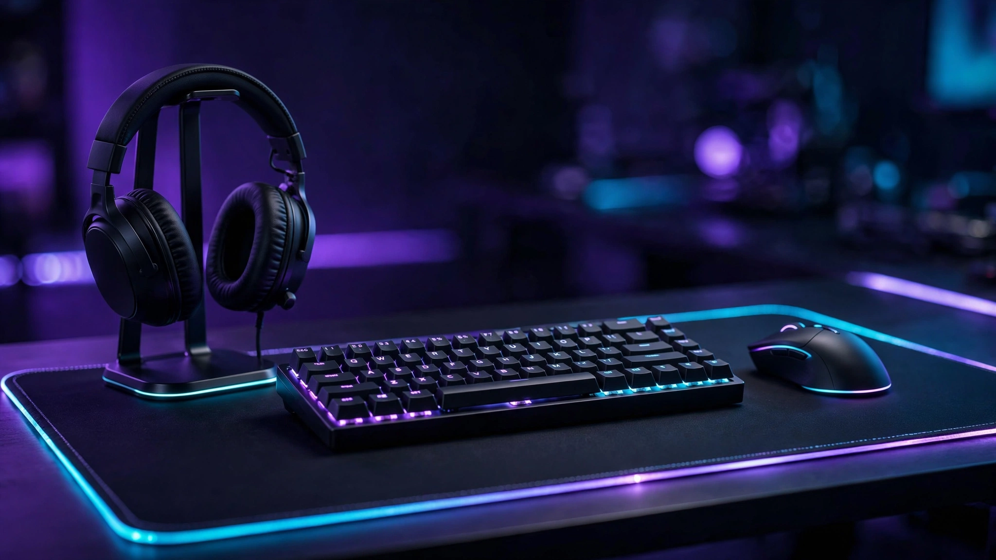 Gaming mouse, RGB keyboard and headset on a glowing esports desk setup