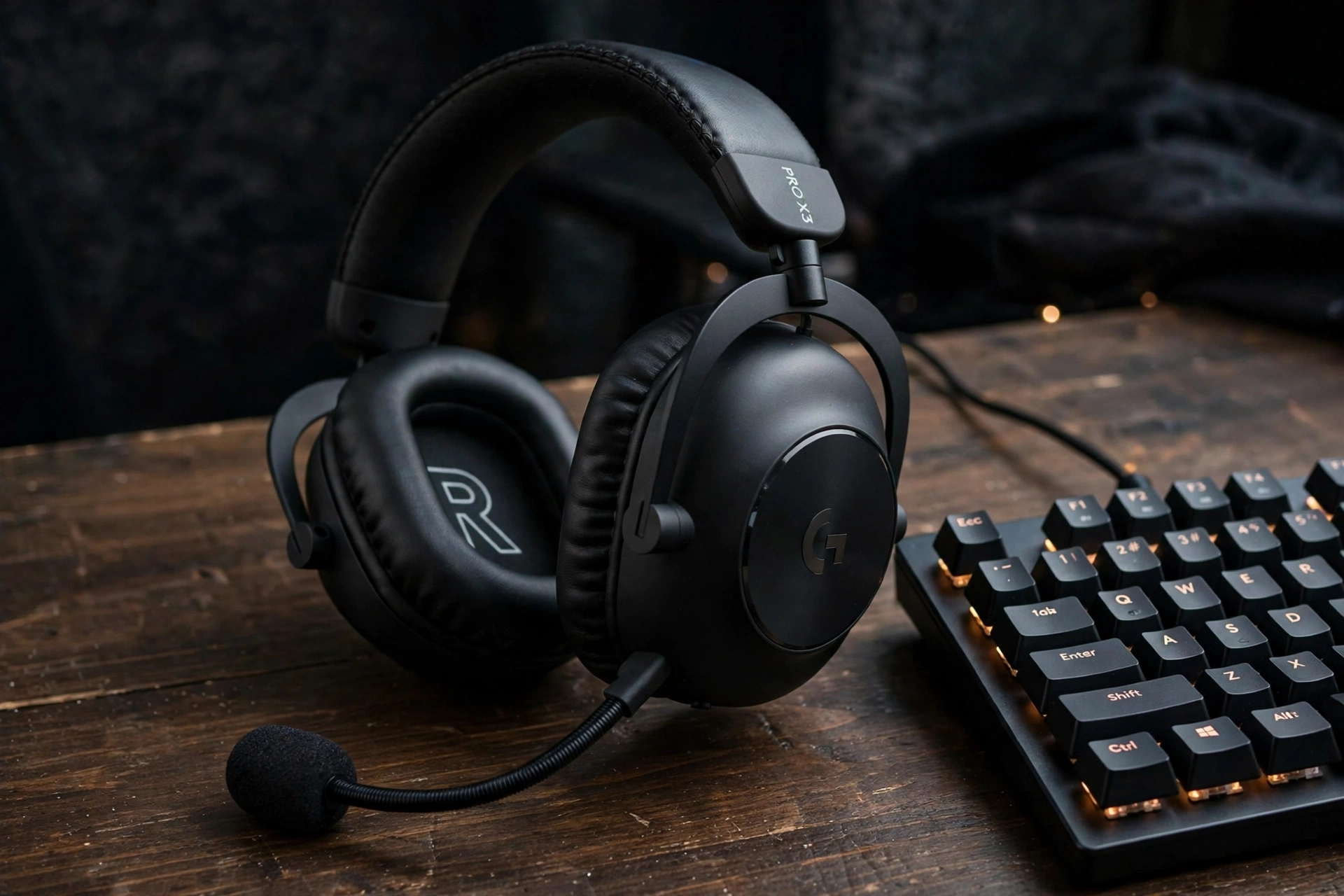 Logitech G Pro X3 Lightspeed wireless gaming headset in black with detachable boom microphone on a desk