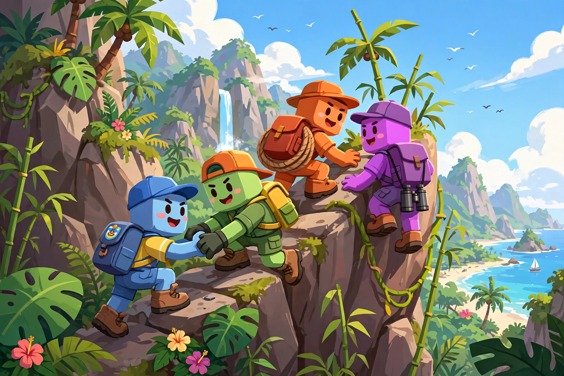 PEAK cartoon scouts climbing a tropical island mountain together