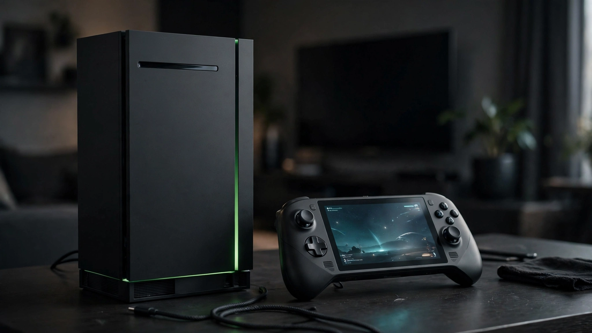 Concept render of a future black Xbox console with green accents next to an Xbox handheld device