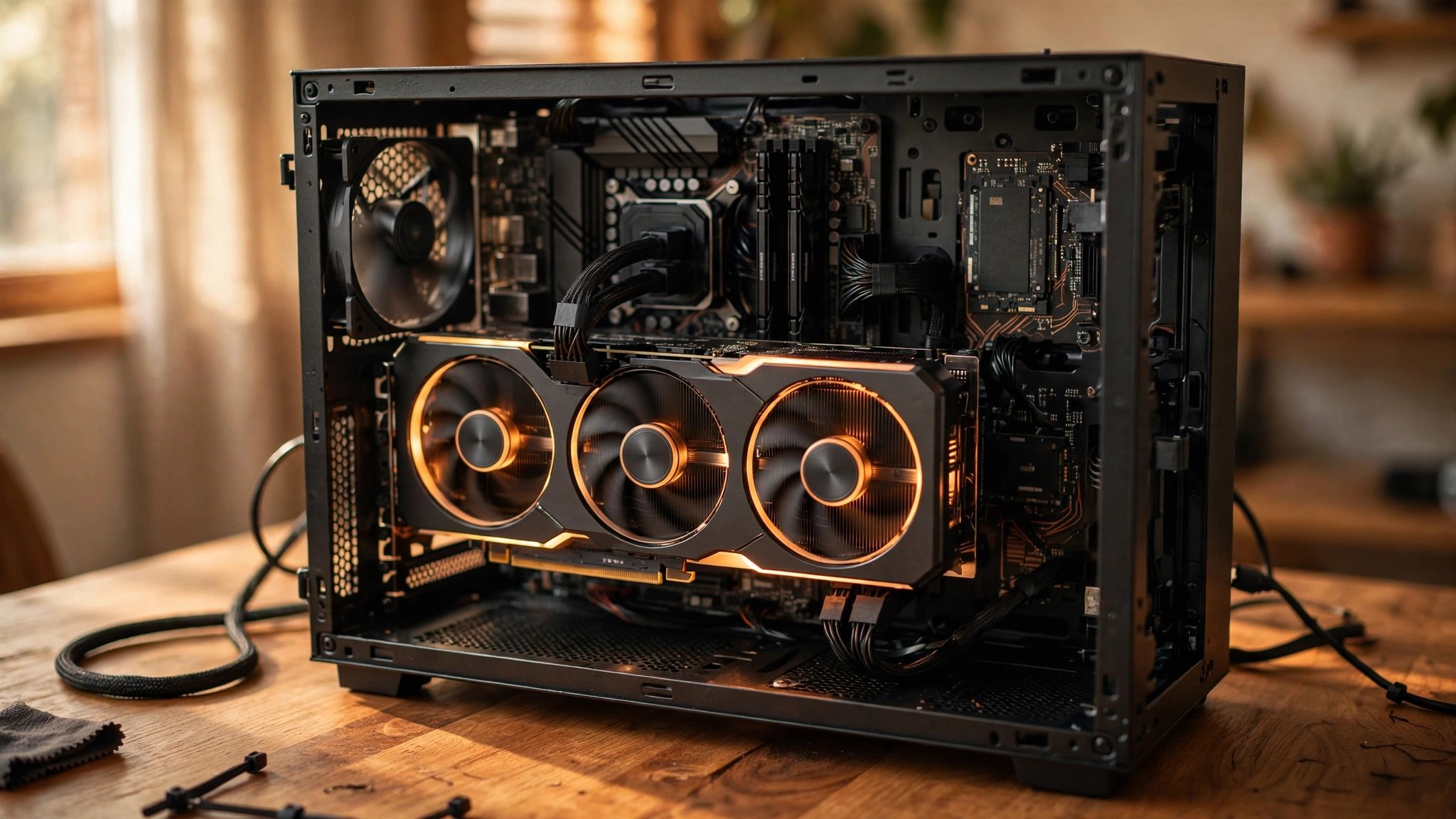 Graphics card with glowing fans inside an open gaming PC case