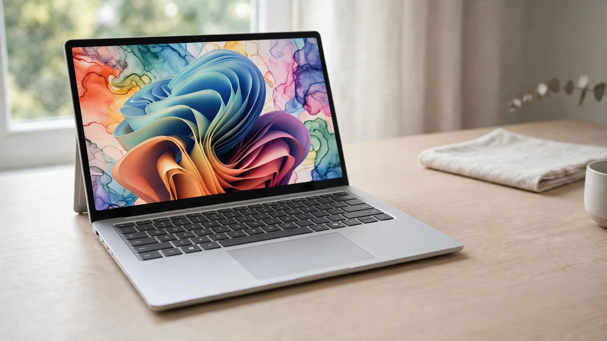 Slim platinum laptop open on a desk showing a colorful abstract wallpaper