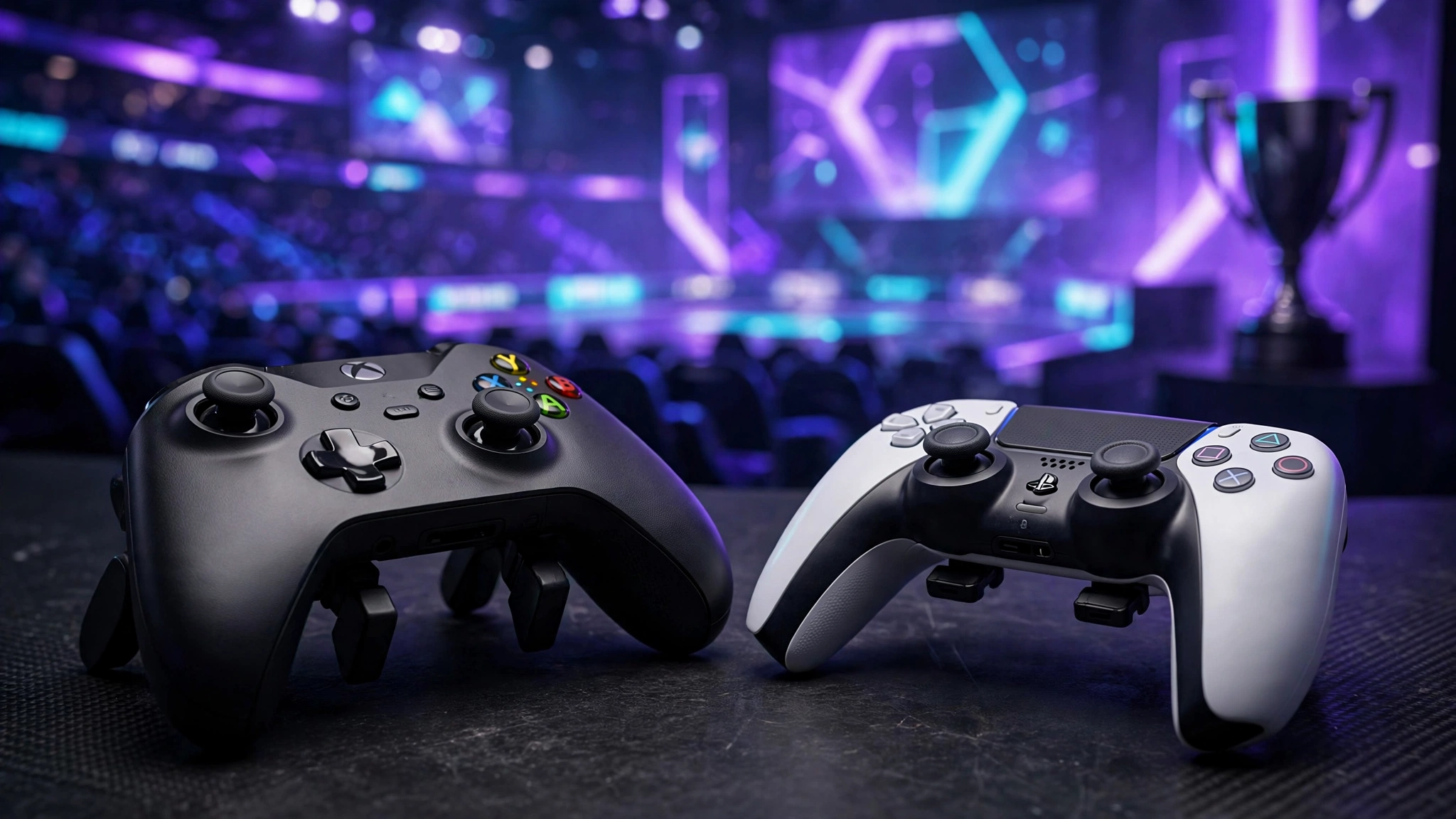 Two pro gaming controllers with rear paddles on a dark desk in front of a glowing esports arena