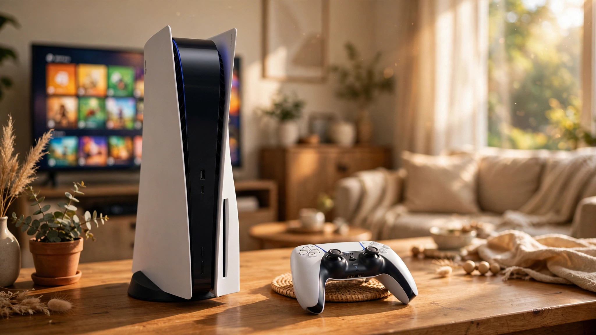 PlayStation 5 console with DualSense controller on a wooden desk