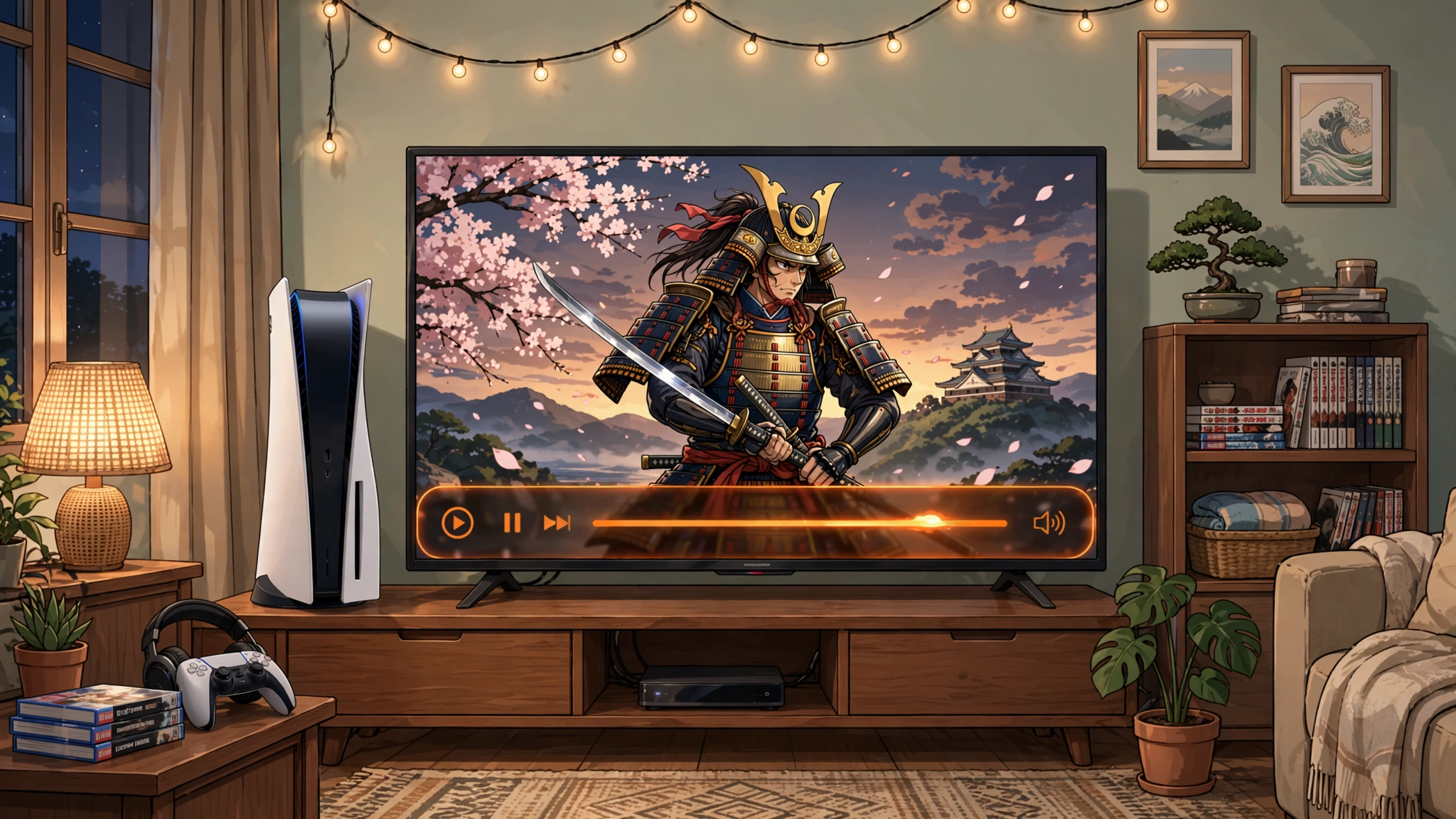 PlayStation 5 console beside a TV streaming anime with a glowing orange banner