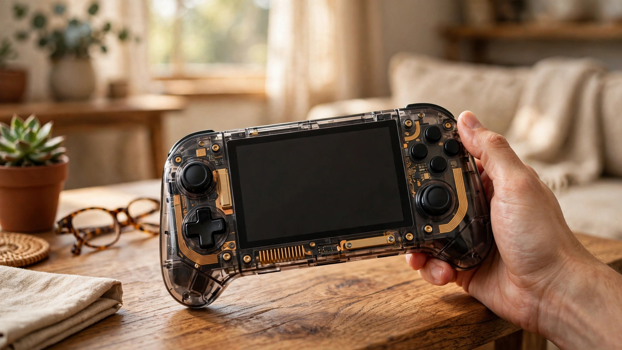 ROG Xbox Ally X20 handheld with translucent black shell and gold accents held over a wooden desk