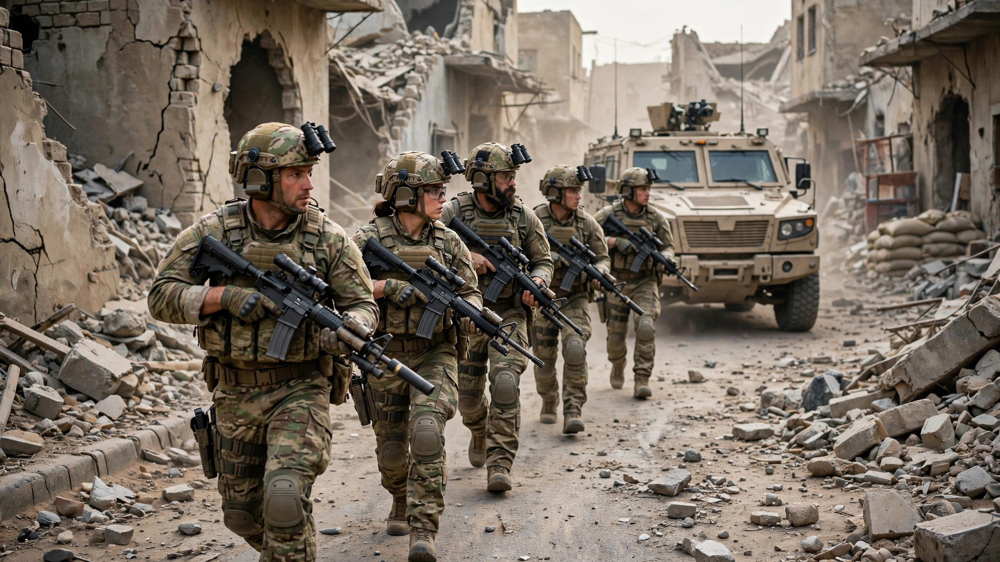 Soldiers in modern military gear advancing through a war-torn town street in the tactical shooter Squad