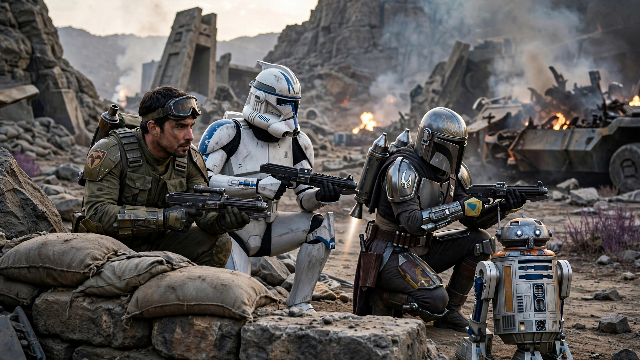 Star Wars Zero Company squad in Clone Wars-era armor taking cover with blasters on a battlefield
