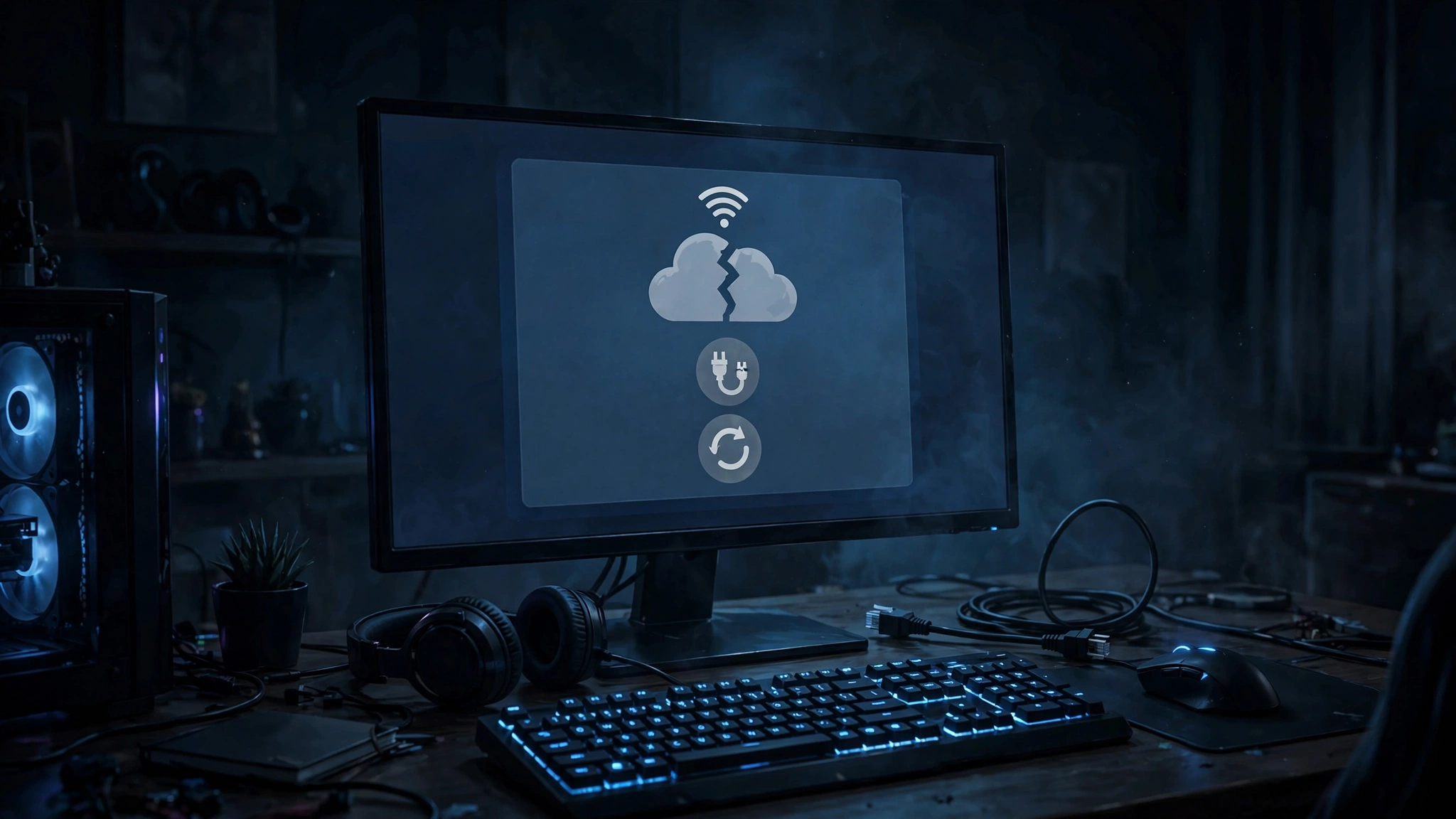 PC gaming setup with a monitor showing a disconnected cloud error icon in a dark room