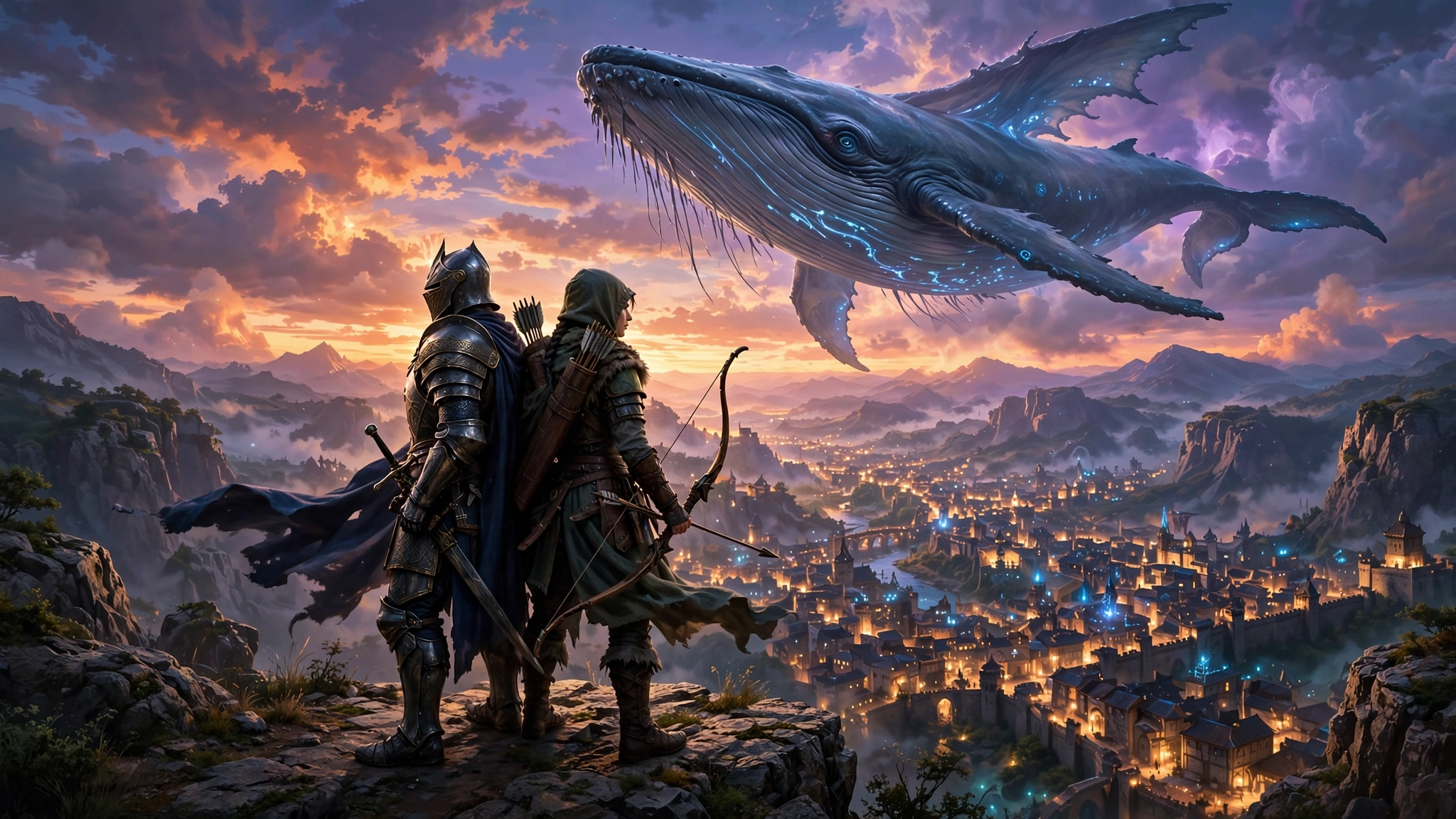 Armored knight and archer overlooking a glowing fantasy city in Throne and Liberty