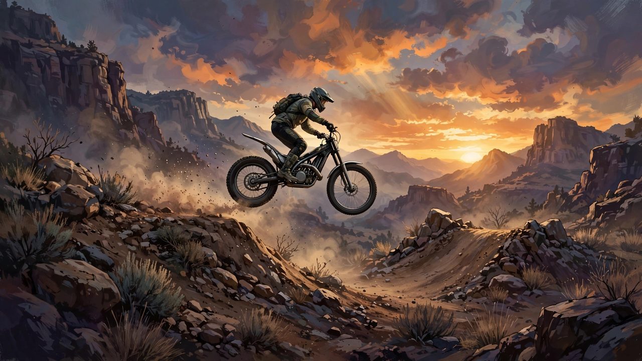 Trials-style motorcycle rider jumping over dirt ramps at sunset
