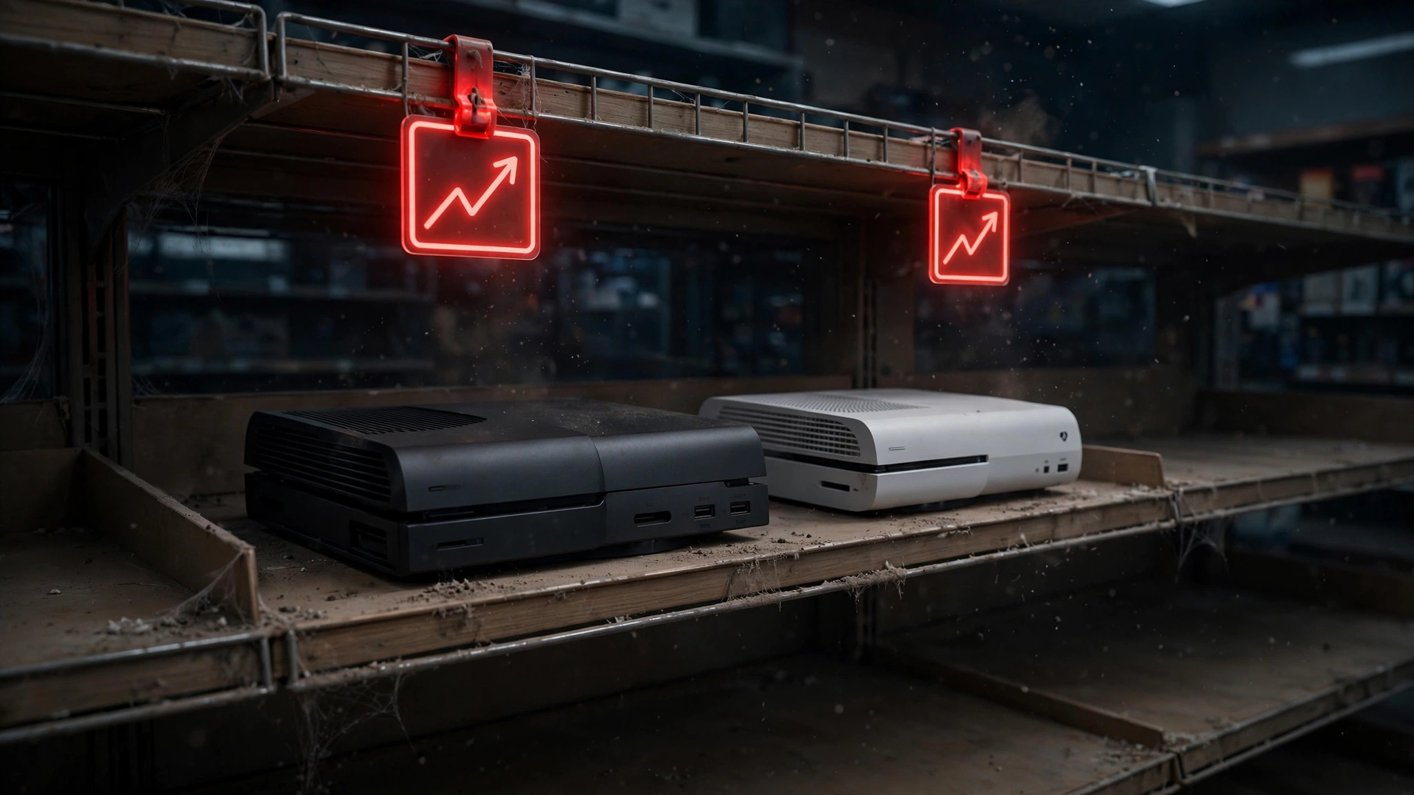Two game consoles on a dusty store shelf beneath glowing red rising-price tags