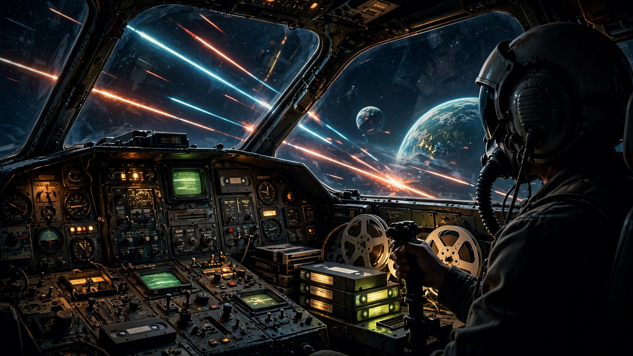 Pilot in a retro space fighter cockpit with old film reels and video tapes on the console
