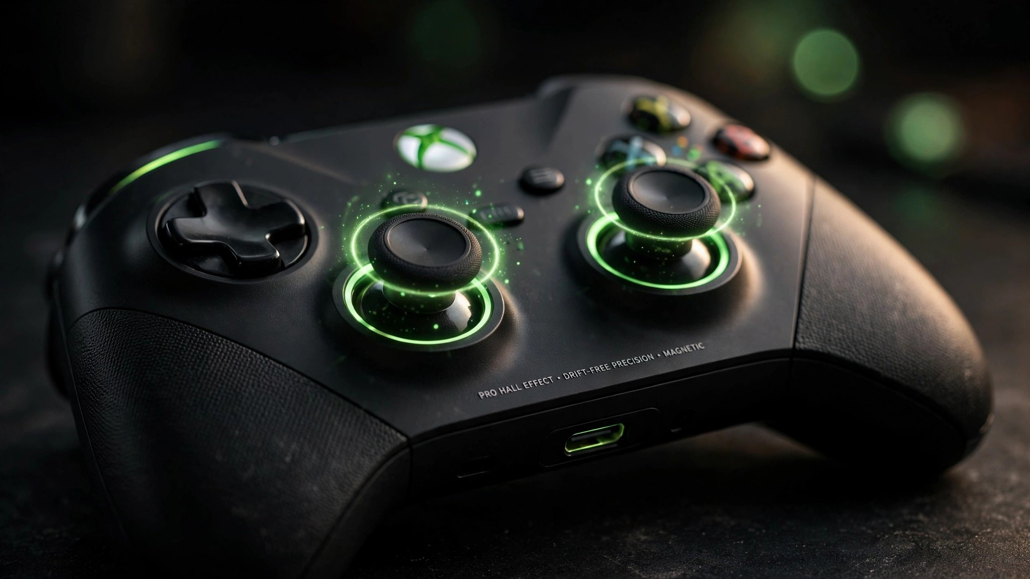 Black pro Xbox-style controller with glowing green accents on a dark desk