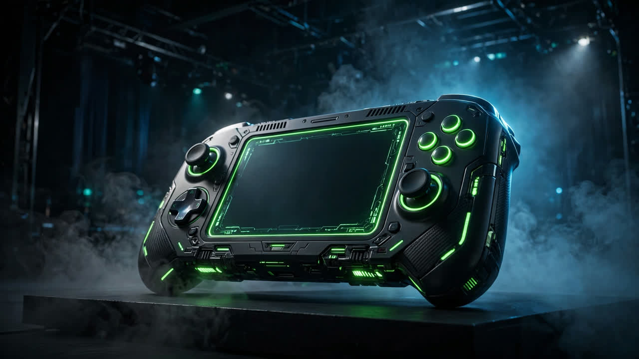 Futuristic Xbox-green handheld gaming console glowing on a dark stage