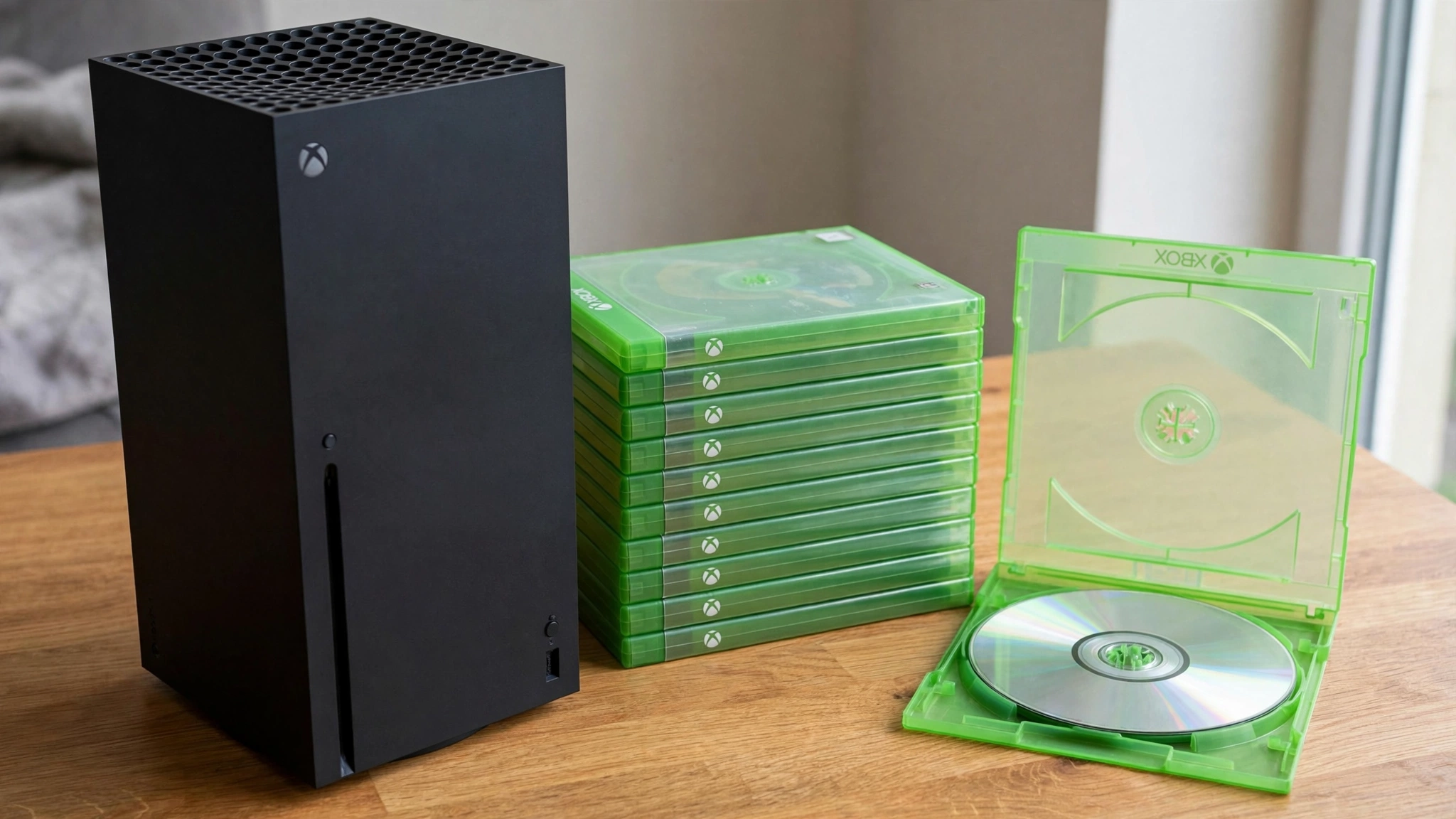 Xbox Series X console next to stacked green Xbox game cases with an open case showing a disc