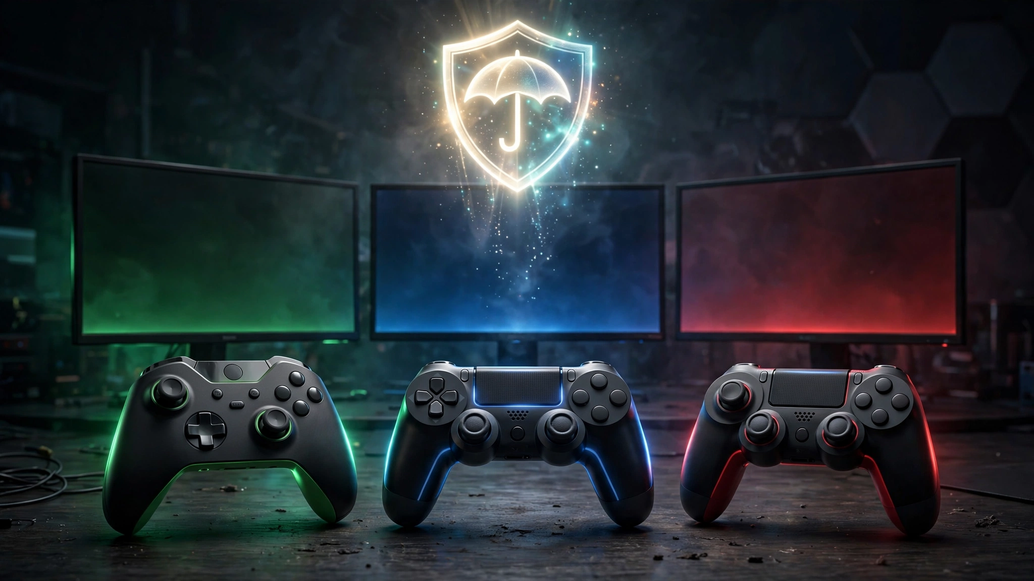 Xbox, PlayStation, and Nintendo game controllers with a glowing protective shield above them