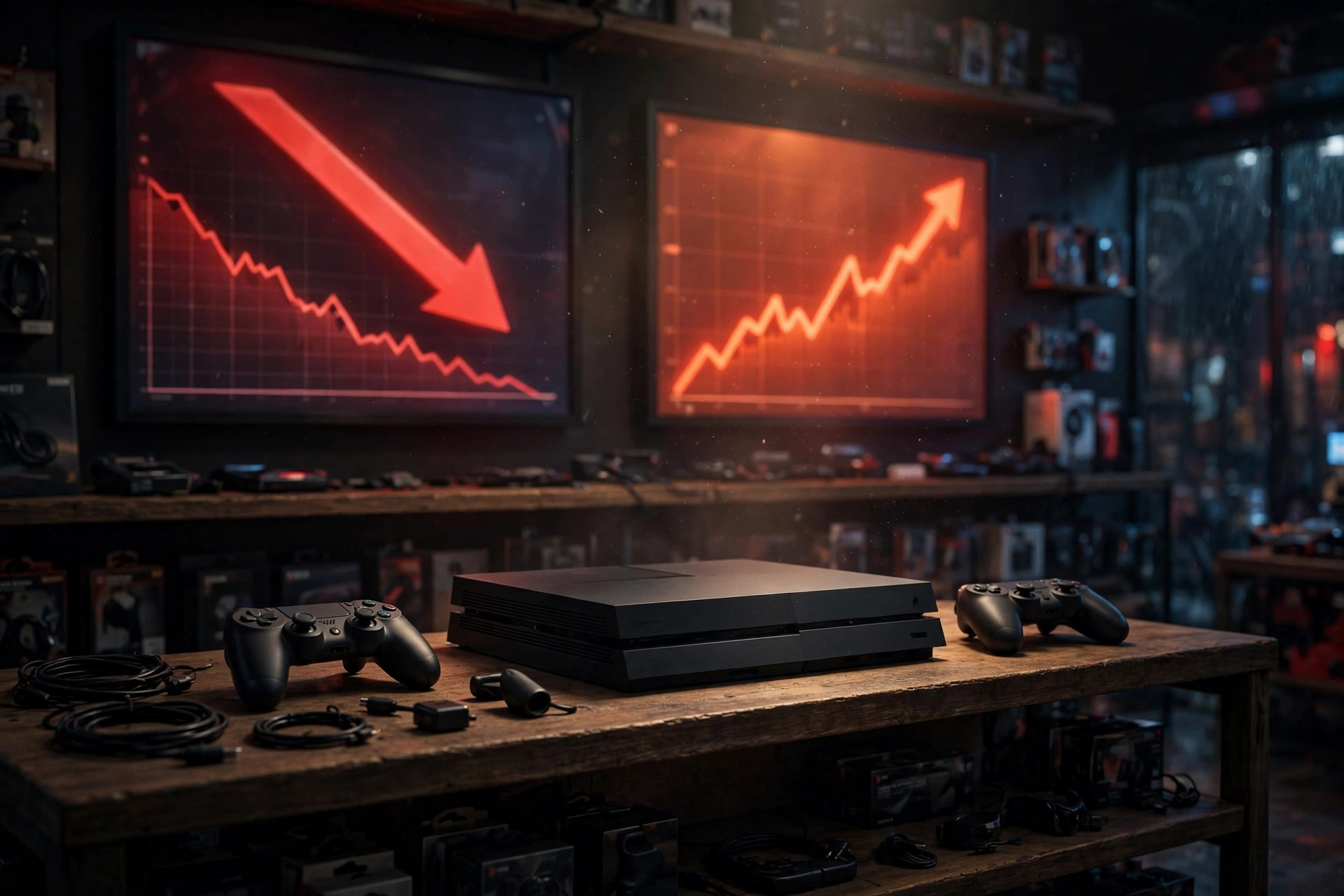 Game console on a store shelf with a falling sales chart and a rising price chart